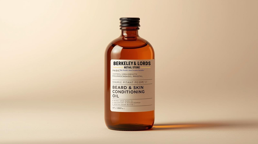 Berkeley & Lords beard and skin conditioning bottle on a beige background